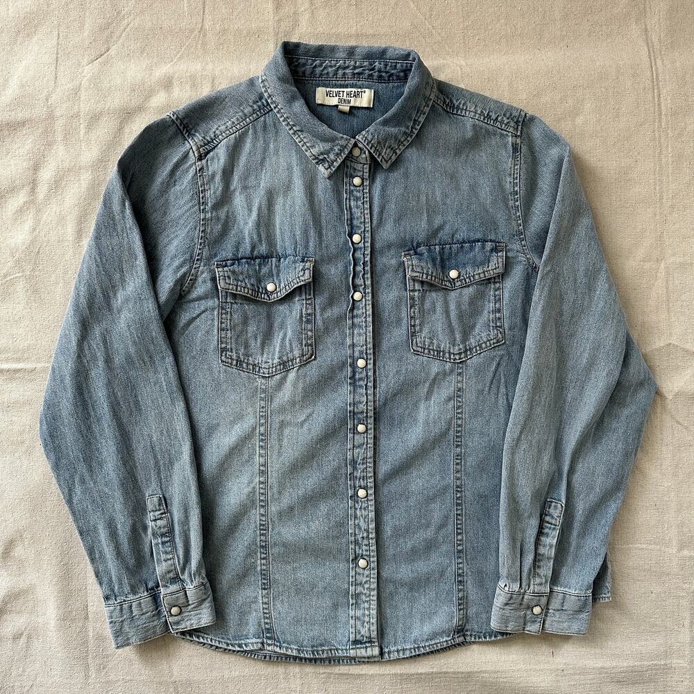 Velvet Heart Chambray Denim Button Down Pearl Snaps Womens Large